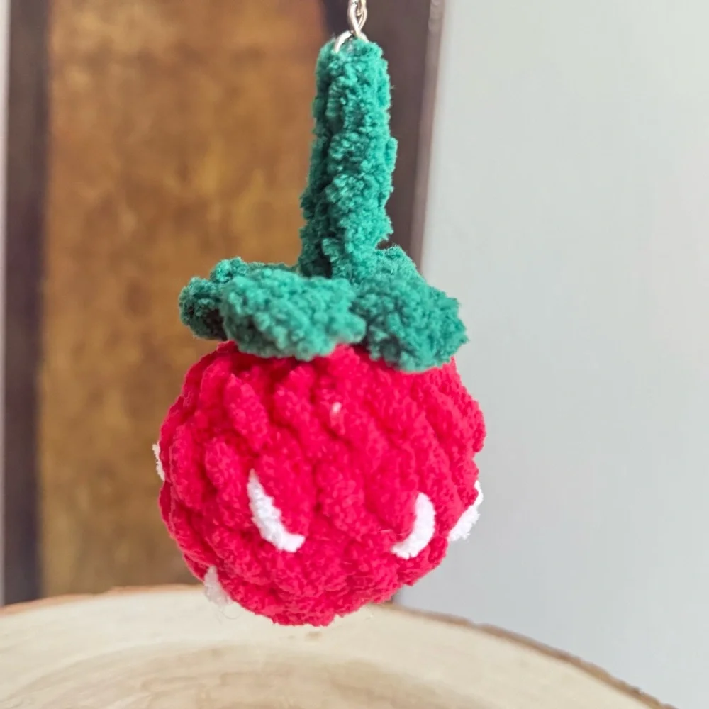 Handmade Strawberry Crochet Plushie Keychain – Soft Chenille Yarn Mini Bag Charm
